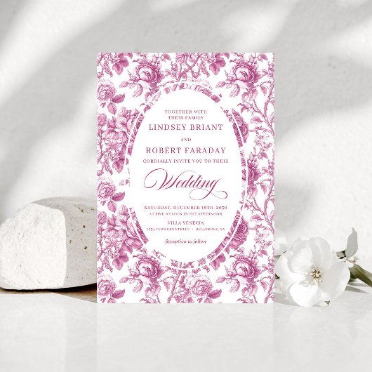 Classic Dusty Pink Toile Floral Wedding Invitation