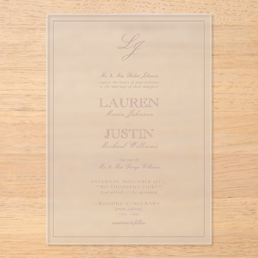 Classic Dusty Roos Script Monogram Weddenschap Acryl Uitnodigingen (Voorkant)