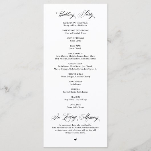 Classic Elegance Black Script, Wedding Ceremony Programma (Achterkant)