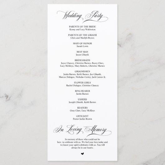 Classic Elegance Black Script, Wedding Ceremony Programma (Achterkant)