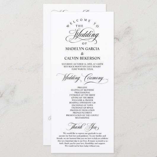 Classic Elegance Black Script, Wedding Ceremony Programma (Voorkant / Achterkant)