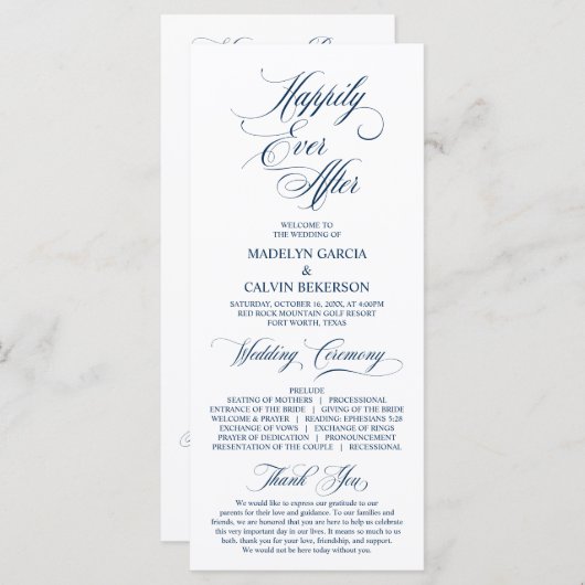 Classic Elegance Navy Blue Script Wedding Ceremony Programma (Voorkant / Achterkant)