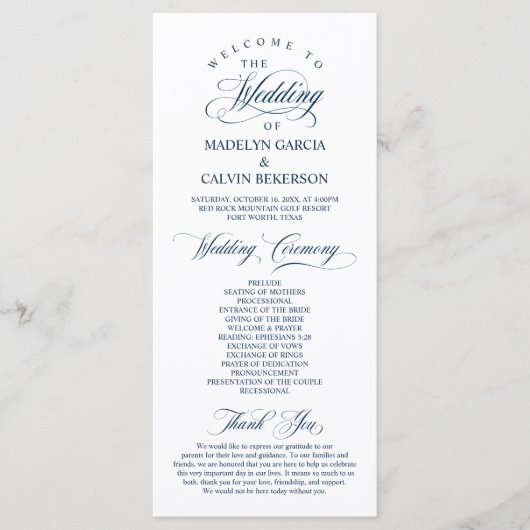 Classic Elegance Navy Blue Script Wedding Ceremony Programma (Voorkant)
