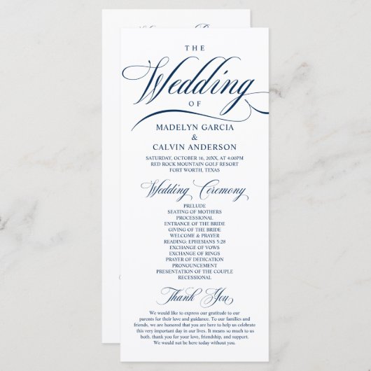 Classic Elegance Navy Blue, Wedding Ceremony Progr Programma (Voorkant / Achterkant)
