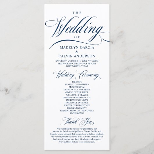 Classic Elegance Navy Blue, Wedding Ceremony Progr Programma (Voorkant)