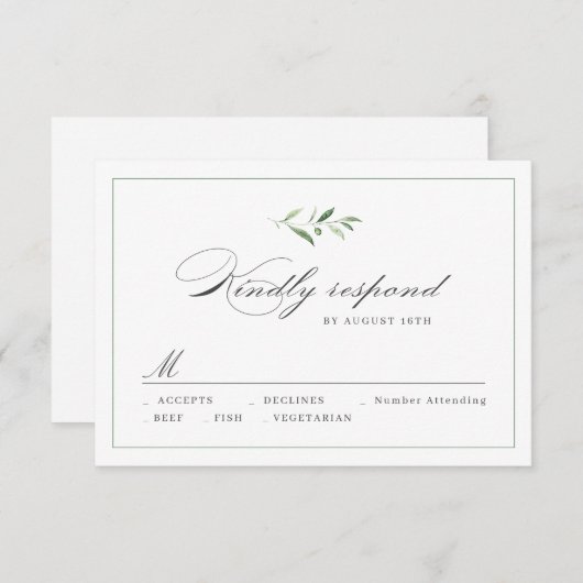 Classic Elegance Script Greenery bruiloft RSVP (Voorkant / Achterkant)