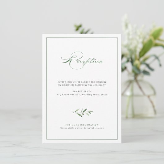 Classic Elegance Script Greenery Wedding Reception Informatiekaartje (Staand voorkant)