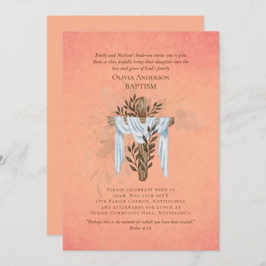 Classic Elegant BAPTISM Invitation Coral (Devant / Derrière)