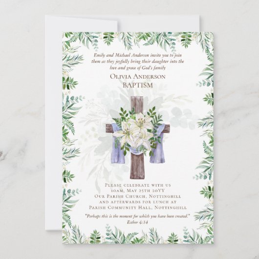 Classic élégant BAPTISM Invitation Green Lilys (Devant)