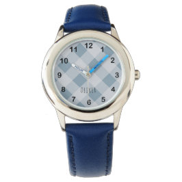Classic Elegant Blue Gingham Plaid & Custom Name  Horloge