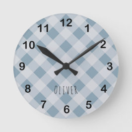 Classic Elegant Blue Gingham Plaid & Custom Name  Ronde Klok