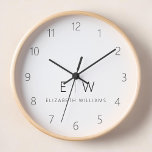 Classic Élégant Moderne Minimaliste Nom Monogramme<br><div class="desc">Améliorez votre décoration de maison avec notre horloge murale Monogramme minimaliste classique élégant et moderne. Ce magnifique garde-temps allie élégance intemporelle et minimalisme contemporain, élevant votre espace de vie à de nouveaux niveaux de sophistication. Réalisée avec précision et attention minutieuse aux détails, cette horloge murale est plus qu'un simple accessoire...</div>