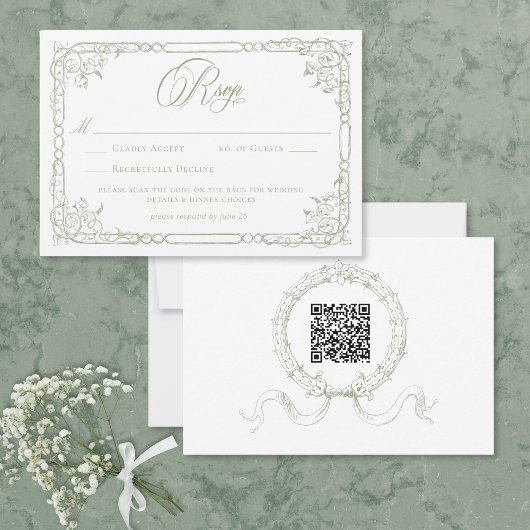 Classic Elegant Sage Green Floral Frame Wedding QR RSVP Kaartje