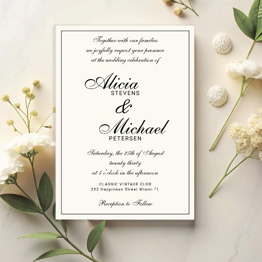 Classic elegant script black and ivory wedding kaart