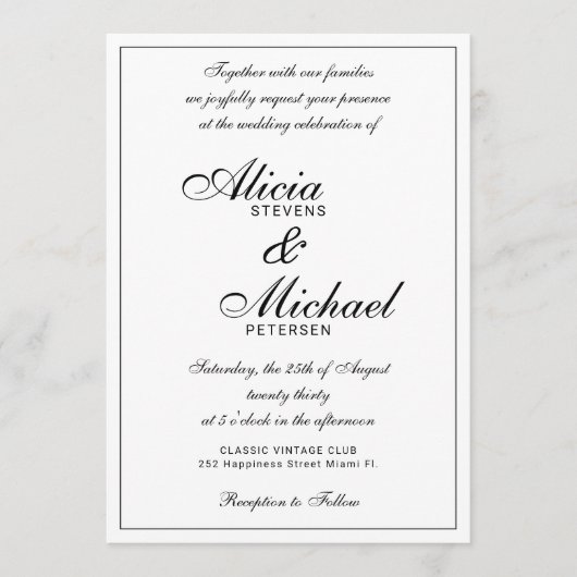 Classic elegant script black and white wedding kaart (Voorkant)