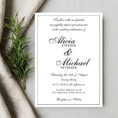 Classic elegant script black and white wedding kaart