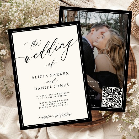 Classic elegant script QR code photo wedding Kaart
