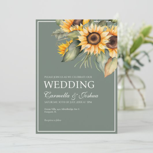 Classic Elegant Waterverf Zonnebloem Sage Bruiloft Kaart (Staand voorkant)