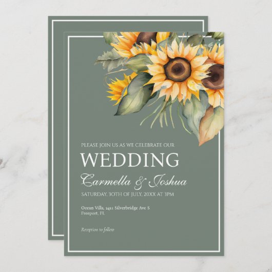 Classic Elegant Waterverf Zonnebloem Sage Bruiloft Kaart (Voorkant / Achterkant)
