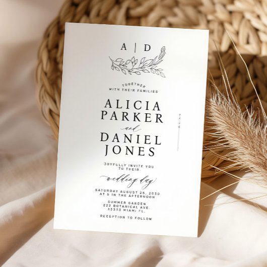 Classic elegant white black monogram wedding kaart