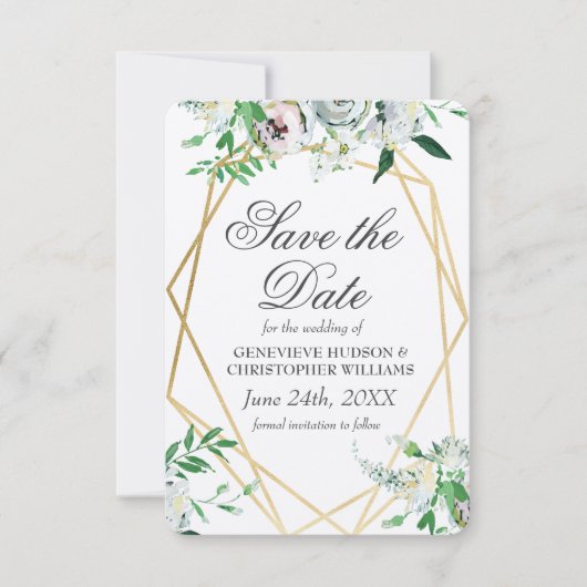Classic Elegant White Rose Flat Save the Date Kaar (Voorkant)