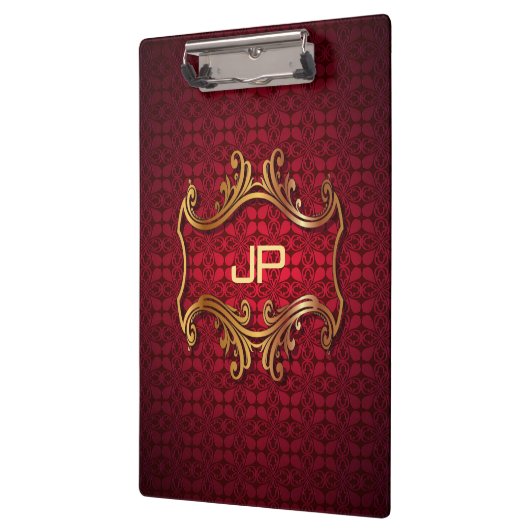 Classic Elegant Zwart Rood Damast Monogram Sjabloo Klembord (Links)