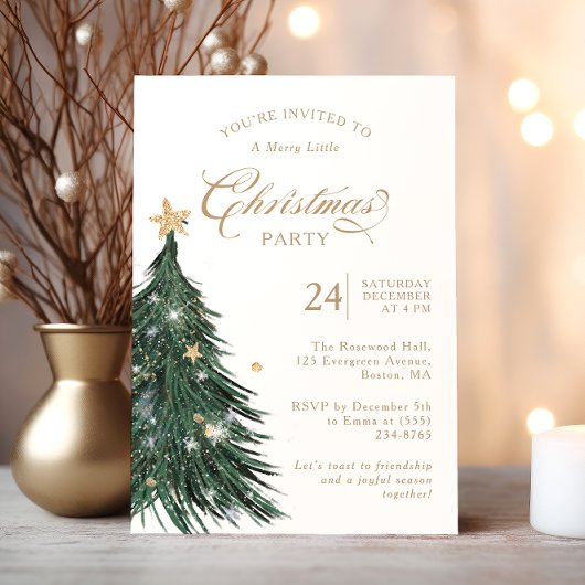 Classic Evergreen Gold Christmas Party Invitation Kaart