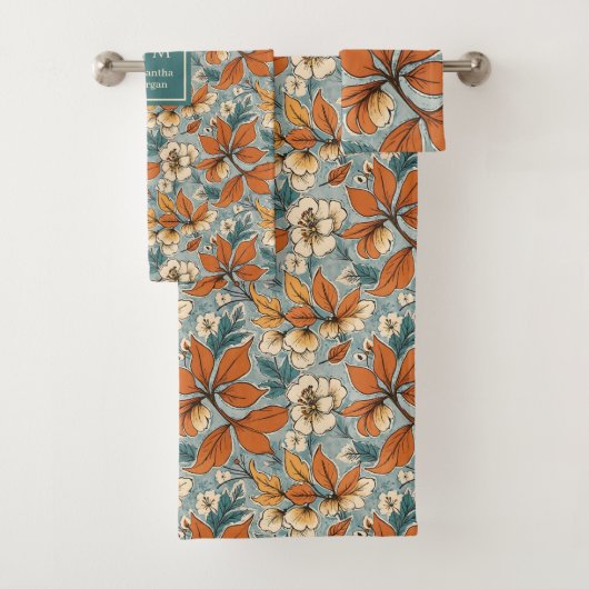Classic Fall Flowers Olive Green Terracotta Bath Bad Handdoek (Insitu)