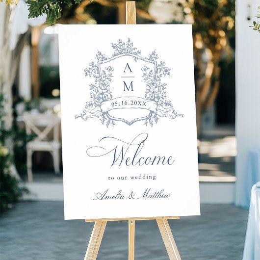 Classic Floral Crest Dusty Blue Wedding Welkom Poster
