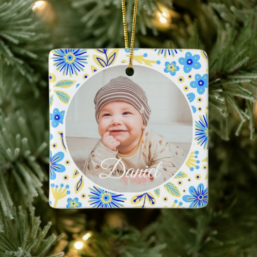 Classic Floral Frame Baby's First Christmas Keramisch Ornament (Boom)