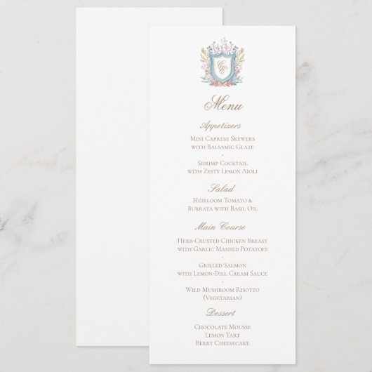 Classic Floral Monogram Crest Wedding Menu Card (Devant / Derrière)