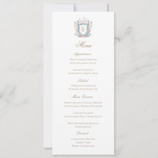 Classic Floral Monogram Crest Wedding Menu Card (Devant)