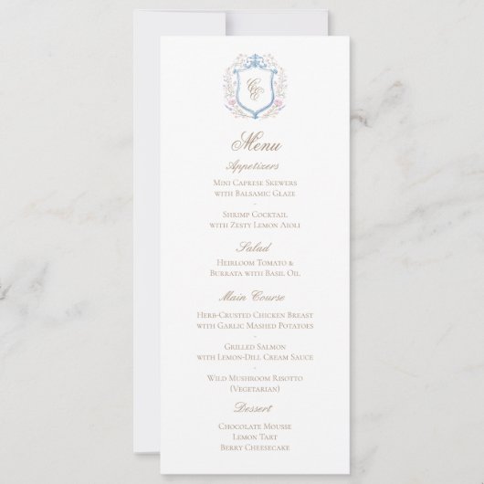 Classic Floral Monogram Crest Wedding Menu Card (Voorkant)