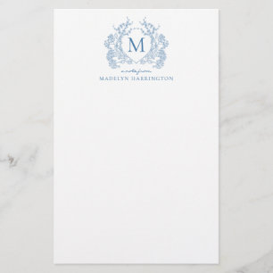 Classic Franse Blauwe Bloemen Crest Monogram Briefpapier