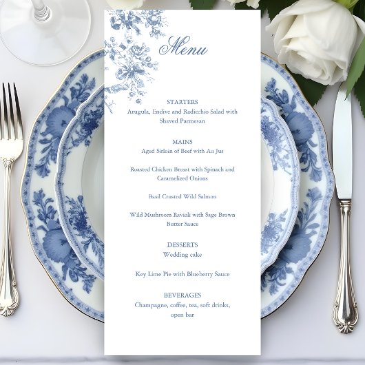 Classic French Blue Flowers & Ribbons Wedding Menu