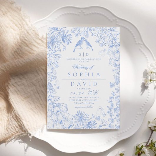  Classic French Blue White Floral Wedding  Kaart