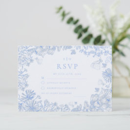 Classic French Blue White Floral Wedding RSVP Kaartje