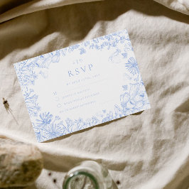 Classic French Blue White Floral Wedding RSVP Kaartje
