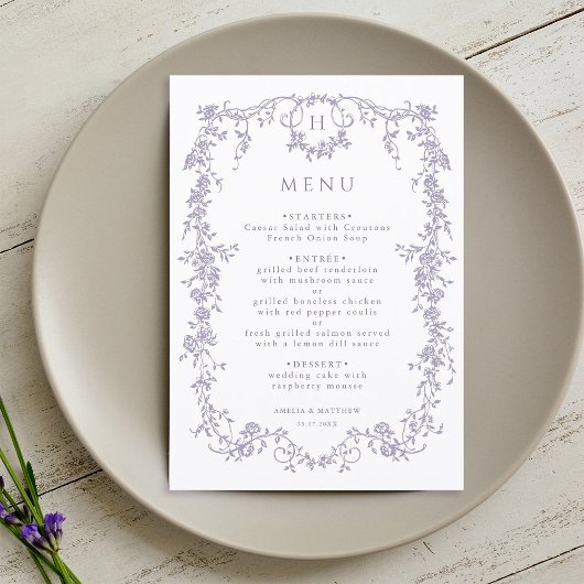 Classic French Victorian Lavender Frame Wedding Menu