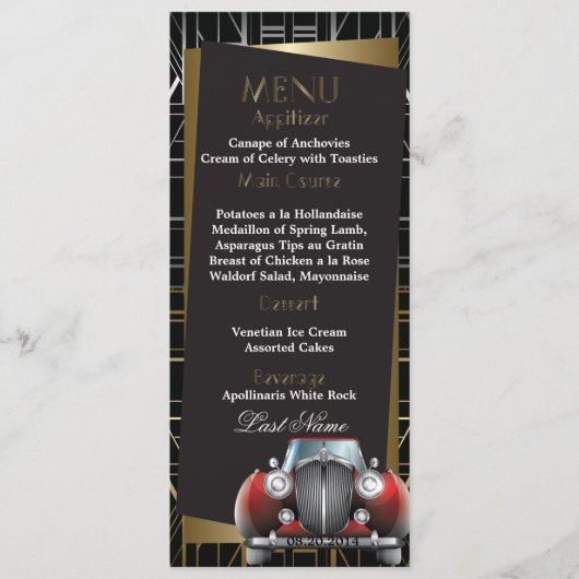 Classic Gatsby Deco Red Limo Wedding Menu (Voorkant)