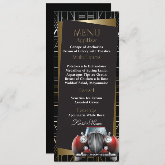 Classic Gatsby Deco Red Limo Wedding Menu (Voorkant / Achterkant)