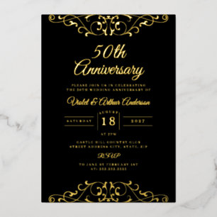 Classic Gold Black Swirl 50ste bruiloft Jubileum Folie Uitnodiging