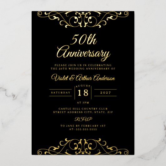 Classic Gold Black Swirl 50ste bruiloft Jubileum Folie Uitnodiging (Voorkant)