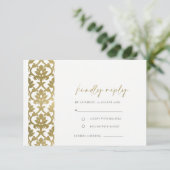 CLASSIC GOLD DAMASK FLORAL PATTERN WEDDING RSVP INFORMATIEKAARTJE (Staand voorkant)
