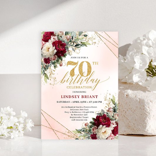 Classic Gold Floral Happy 70th Birthday Invitation