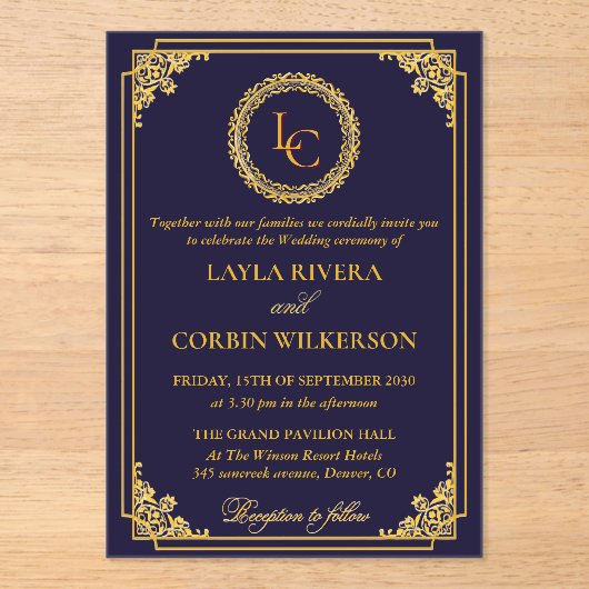 Classic Gold Frame Royal Monogram Wedding Acryl Uitnodigingen (Voorkant)