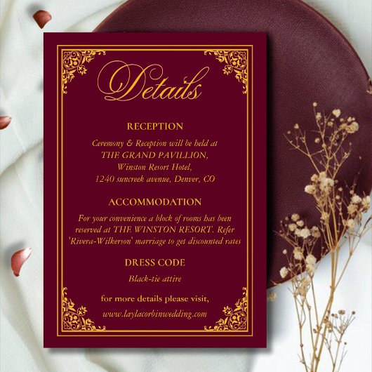 Classic Gold Frame Royal Wedding Details Informatiekaartje