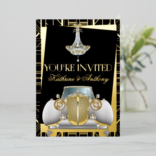 Classic GOLD Gatsby Déco Mariage Foil Invitation (Debout devant)