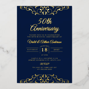 Classic Gold Navy Swirl 50ste bruiloft Jubileum Folie Uitnodiging