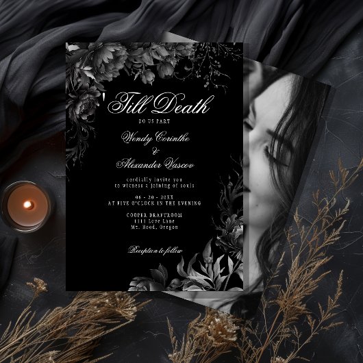 Classic Gothic Black 'Till Death Wedding Foto Kaart